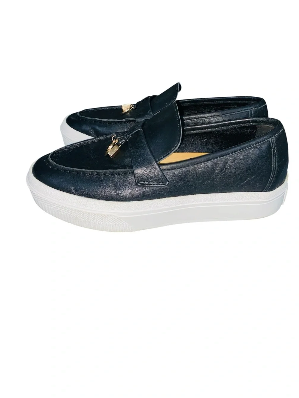 J/SLIDES Black Leather Platform Slip On Loafers Gold Tone Charms Size 8.5
